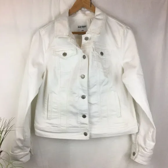 Old Navy White Cotton Denim Trucker Long Sleeve Jean Jacket L - Picture 4 of 11